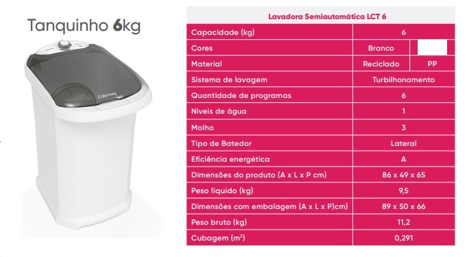 TANQUINHO ELETR.B PLAST.LCS 6.0KG BRANCO 127V ref. 024441