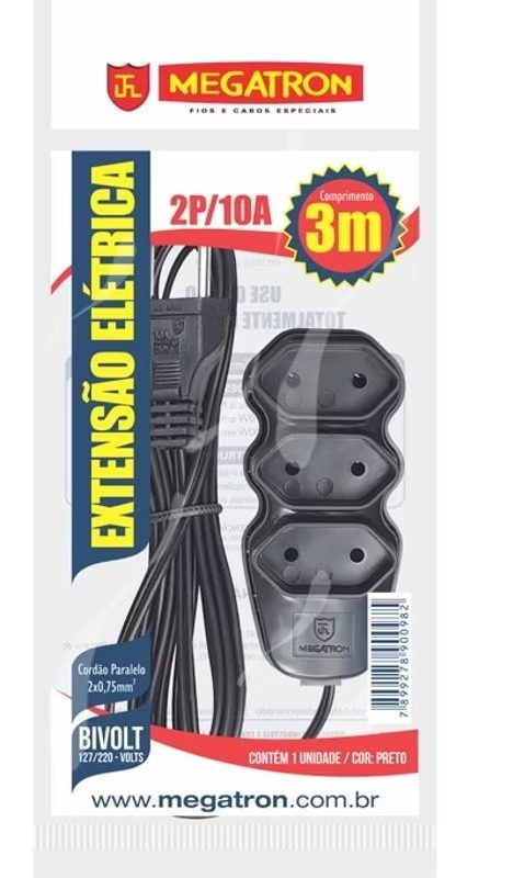 EXTENSAO ELETR. 10A  MEGATRON NBR 2P 03 MTS PRETA ref. 026004