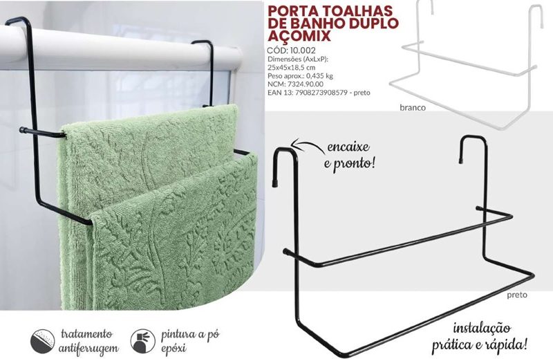 PORTA TOALHA DUPLO ACO PRETO 10112-PT ref. 026319