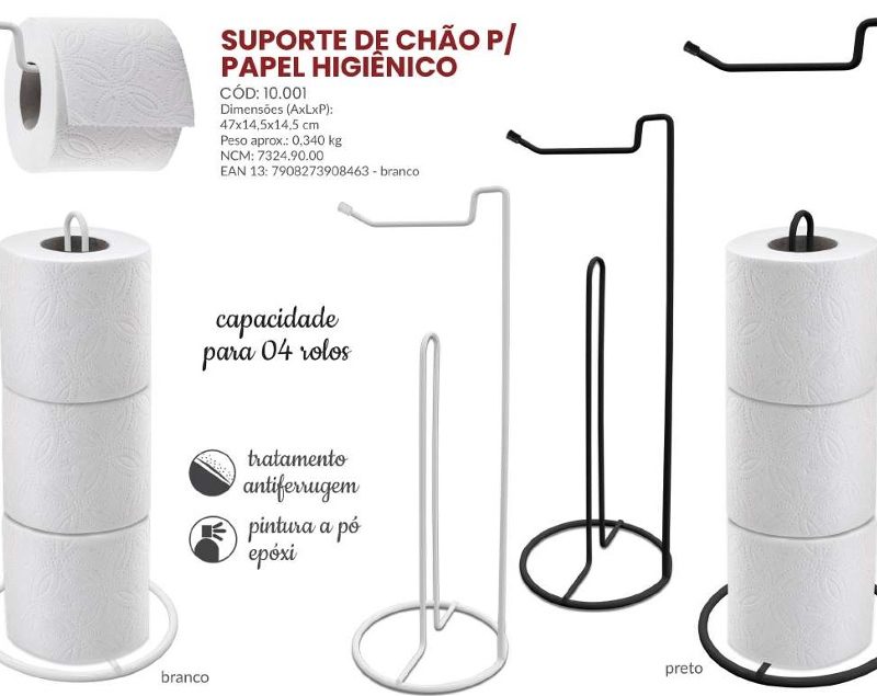 PAPELEIRA CHAO ACO PRETO P/ 4 ROLOS 10001-PT ref. 026321