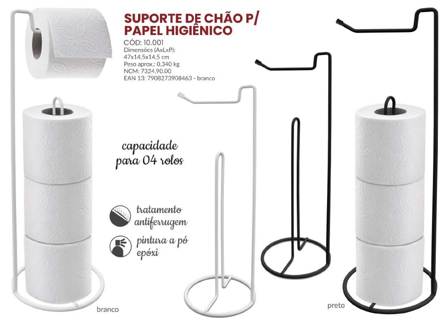 PAPELEIRA CHAO ACO PRETO P/ 4 ROLOS 10001-PT ref. 026321