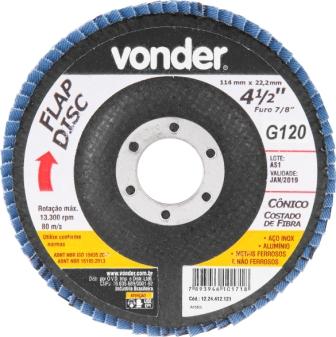 DISCO DE LIXA FLAP  4.1/2 VONDER 120 METAL CONICO ref. 025220