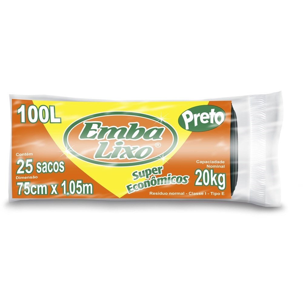 SACO PARA LIXO 100 LITROS 25 PC ECONOMICO PRETO ref. 027023
