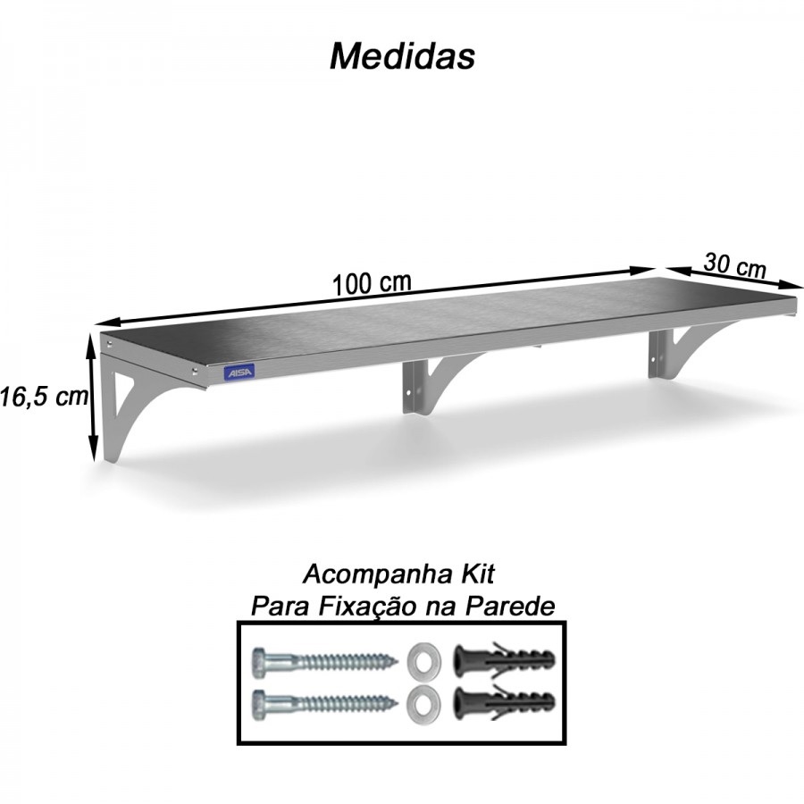 PRATELEIRA ACO INOX 430 AEREA 30 X 100 C/ SUPORTE ref. 027123
