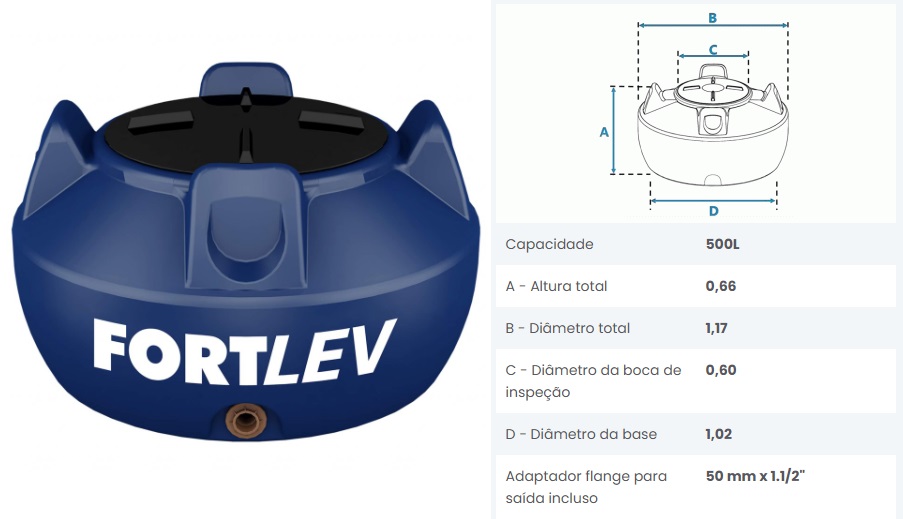 CAIXA D AGUA 500-L TANQUE TP ROSCA FORTLEV ref. 10.0018