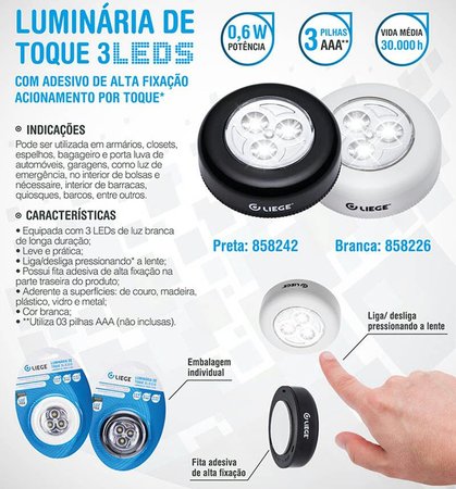 ABAJOUR LED TOQUE 3 LED 0.6W BRANCA ref. 020805