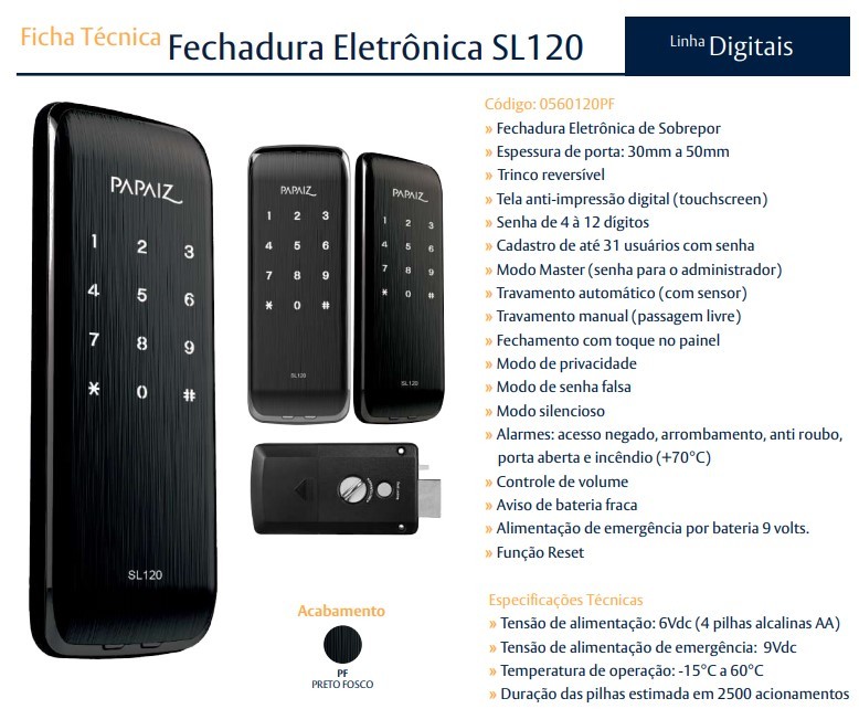 FECHADURA ELETRONICA SL120 SMART LOCK SOBREPOR ref. 024285
