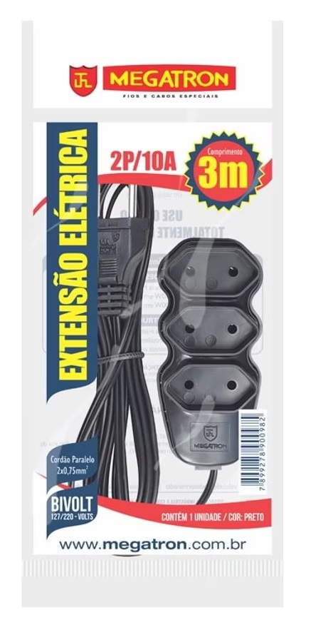 EXTENSAO ELETR. 10A  MEGATRON NBR 2P 03 MTS PRETA ref. 026004