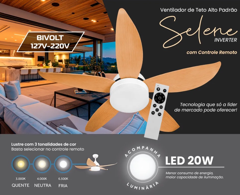 VENTO TETO V.SOL ABS C/ 1 LED 20W SELENE BIV C/CONTROLE ref. 026983