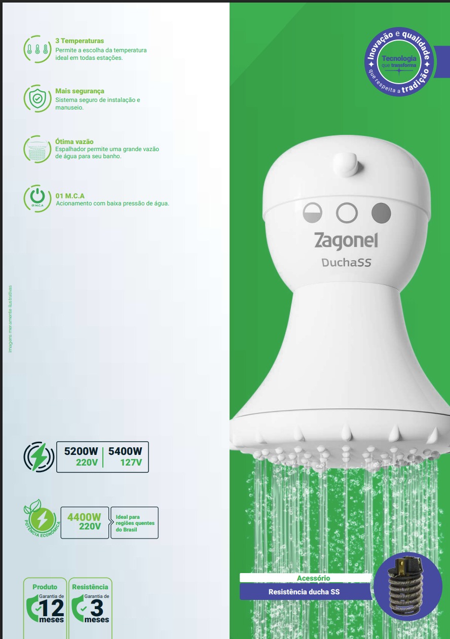 DUCHA ZAGONEL SS 3T 220V X 5200W BRANCO ref. 027001