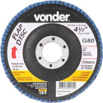 DISCO DE LIXA FLAP  4.1/2 VONDER 080 METAL CONICO ref. 025219