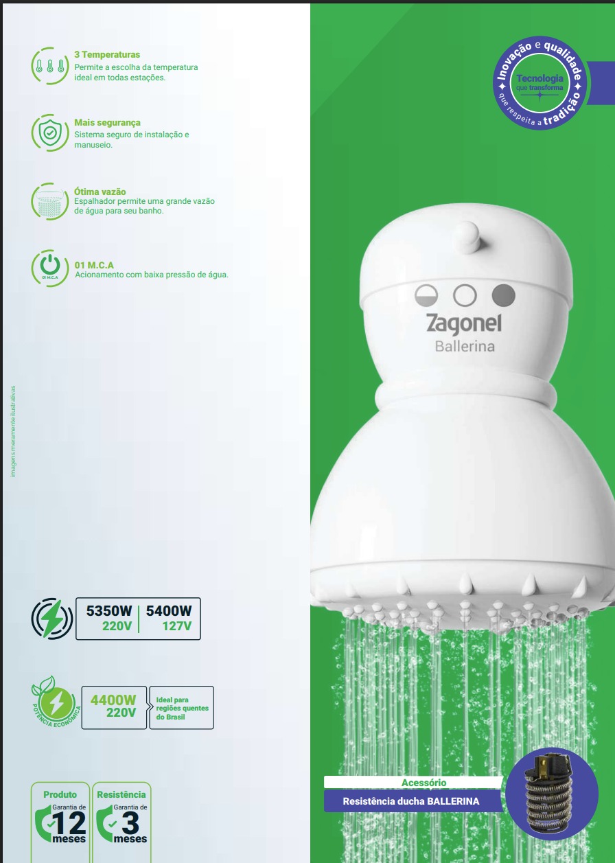 DUCHA ZAGONEL BALLERINA 3T 220V X 5350W BRANCO ref. 12.0975